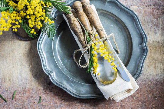 Table Setting With Mimosa Flowers