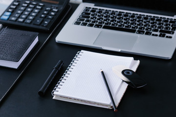 Workspace work desktop black and white business stylish modern space wood background 