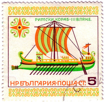 BULGARIA - CIRCA 1980: A Stamp printed in BULGARIA shows Roman ship of iii Century, , circa 1980
