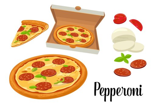 Whole pizza and slices of pizza pepperoni in open white box. Isolated vector flat illustration on white background. For poster, menus, logotype, brochure, web, delivery business, food box and icon.