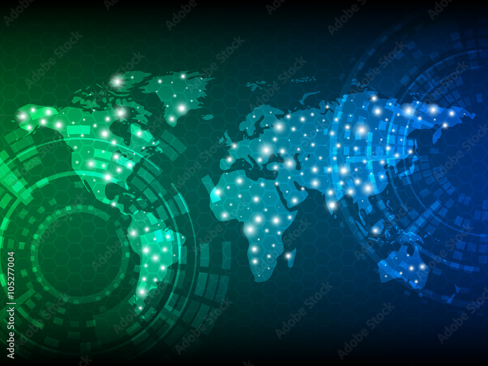 Poster abstract digital technology background with world map. vector template design