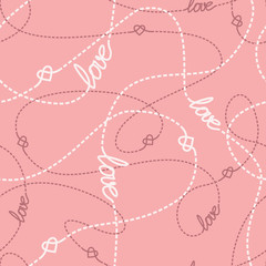 Tangled Lines and Hearts Seamless Pattern. Repeating abstract background with hearts, love lettering and dashed tangled lines.