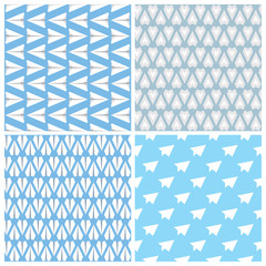 Paper Planes Seamless Pattern Set. Four Repeating Abstract Backgrounds with Paper Planes Symbol.