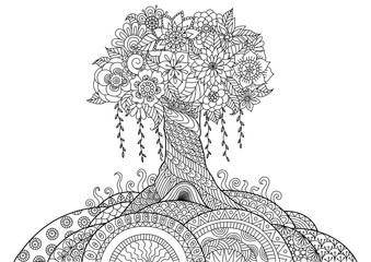 Abstract tree on the hill line art design for coloring book