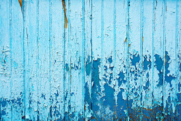 Blue old fence with cracks and breakaway paint