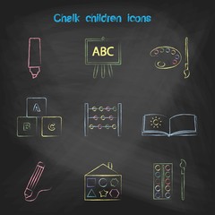 Set of linear icons. Children's toys collection of vector icons. Outline vector pen, pencil, board, paint, brush, scores, sorter, album colored icons