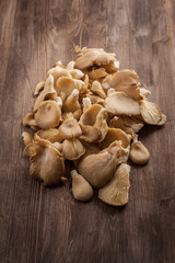 Fresh organic oyster mushrooms on a wooden table