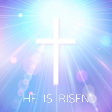 Hi is Risen. Happy Easter Blue Background with bokeh, white cross and sun rays. Vector Illustration.