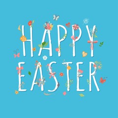 Colorful Happy Easter Greeting Card with flowers, butterfly. Vector Illustration.