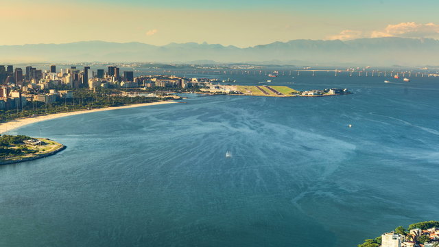 High angle shot of Rio De Janeiro Bay with Downtown and Airport, Brazil