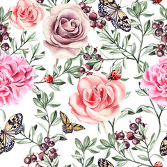 Pattern with watercolor realistic rose, peonies, butterflies and plants.