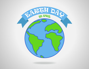 Earth day - poster with earth globe and blue ribbon. Vector illustration.
