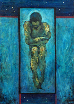 oil painting on canvas, lonely man, melancholy