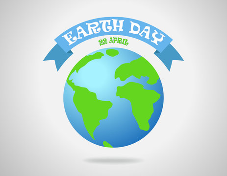 Earth day - poster with earth globe and blue ribbon. Vector illustration.
