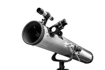Telescope on tripod over white
