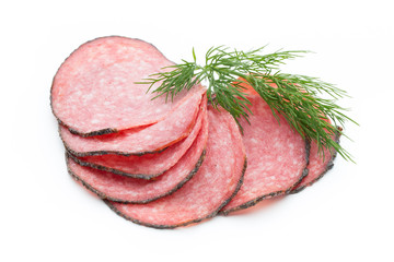 Sausage slices isolated on white background cutout.