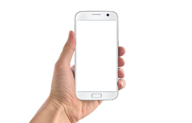Modern white smart phone in man hand in horizontal position. White screen for mockup, isolated.