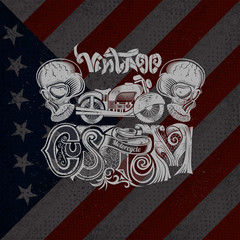 vintage motorcycle illustration with skull custom vintage text on USA flag background