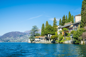 Obraz premium View of Piazza Motta in Orta San Giulio from a Taxi boat, Lake Orta, Piedmont, Italy