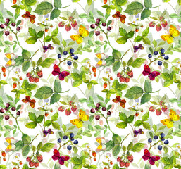 Seamless pattern with meadow grass, butterflies and berries. Watercolor