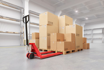 Hand Pallet Truck Inside the Warehouse. 3d illustration.