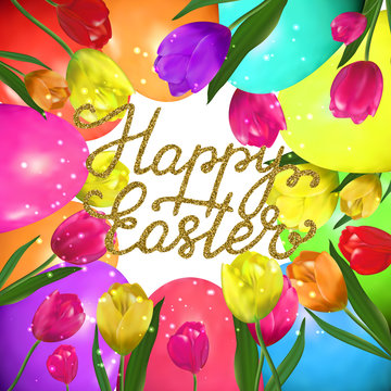 Happy Easter - hand written lettering with gold glitter texture, egg hunt poster template.