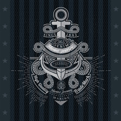 Anchor With Rope Nodes. Sea Special Forses Vintage Label On Blackboard