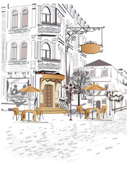 Series of backgrounds decorated with old town views and street cafes. - 105288675