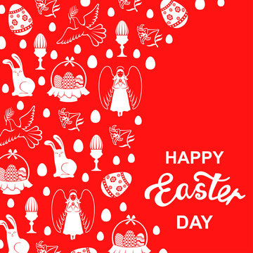 Easter card with angel, egg, hare, dove on red background