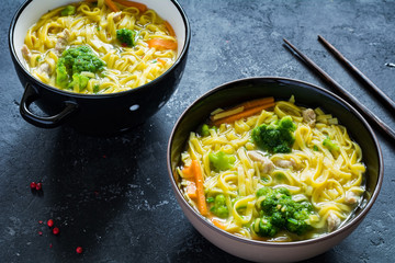 Asian egg noodle soup with vegetables and pork