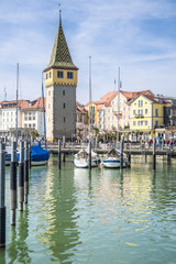 Fototapeta premium Boats at port of Lindau harbour, Lake Constance, Bavaria,Germany