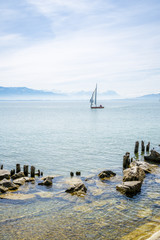 lake constance Bodensee and alps with blue sky and clouds in Bavaria, Germany