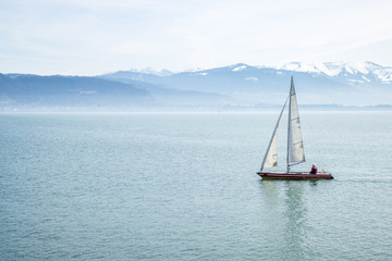 lake constance Bodensee and alps with blue sky and clouds in Bavaria, Germany