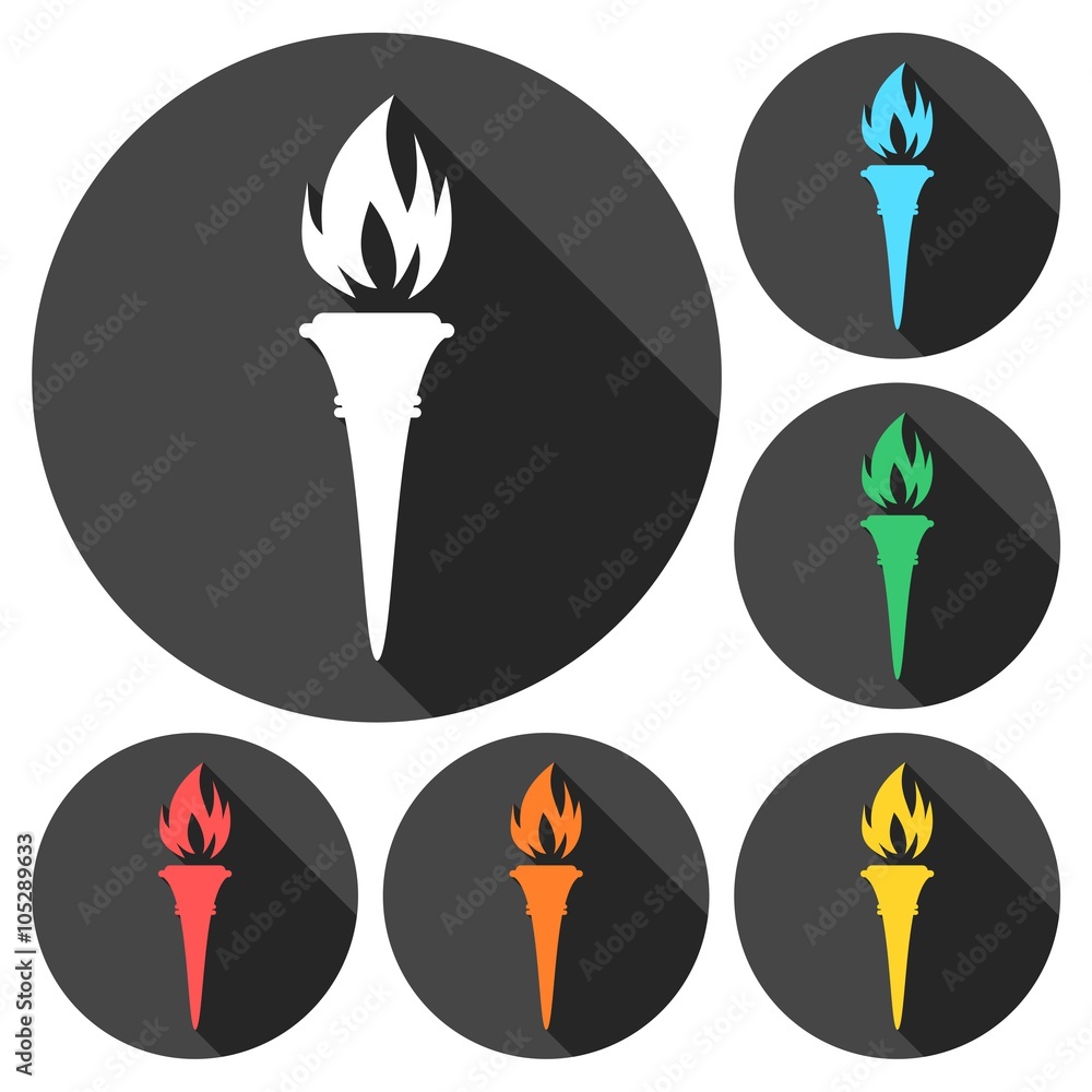 Poster Torch icons set with long shadow