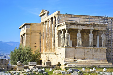Erechtheion temple in Acropolis Athens Greece - caryatids statue Greece