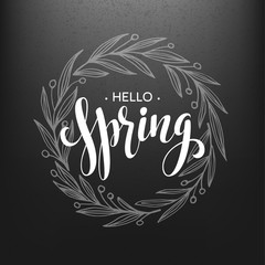 Hello spring. Spring wreath.  Spring flowers are drawn with chalk on black chalkboard. Sketch, design elements. Vector illustration