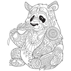 Naklejka premium Zentangle stylized cartoon panda, isolated on white background. Sketch for adult antistress coloring page. Hand drawn doodle, zentangle, floral design elements for coloring book.