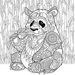 Naklejka premium Zentangle stylized cartoon panda sitting among bamboo stems. Sketch for adult antistress coloring page. Hand drawn doodle, zentangle, floral design elements for coloring book.