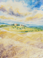 Country landscape with typical Tuscan hills in Italy. Watercolors painting.