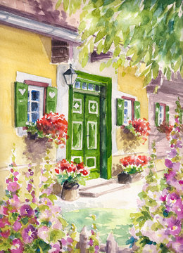 Main entrance to a house with green door and flowers.Picture created with watercolors.