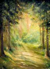 Sunny summer forest.Picture created with watercolors.