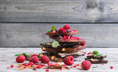 Tiles of a broken exquisite hand-made chocolate