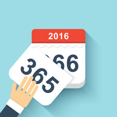 Calendar style flat leap year 366 days. Flat Calendar Design 2016 Calendar icon. Calendar minimalism. Isolated calendar on blue. Hand and calendar. Hand tears calendar. Hand leafing through calendar