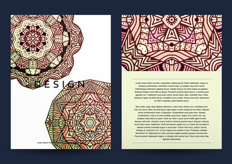 Magazine with beige mandala . Realistic brochure burgundy mandala . Zentangle in red and green colors. Zentagle red. Sacred geometry.