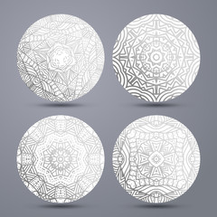 Set mandala pattern . Mandala stand hot. Mandala pattern on ceramics . Zentangle in silver and gray colors. Zentagle silver. Sacred geometry.