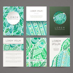 Set of vector design templates. Brochures in random colorful style. Zentangle designs. 