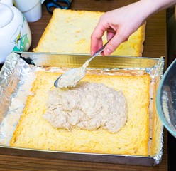 Close up of woman hands preparing sweet cake