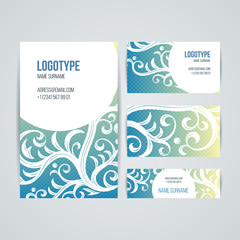 Set of vector design templates. Brochures in random colorful style. Vintage frames and backgrounds. Business card with floral ornament.