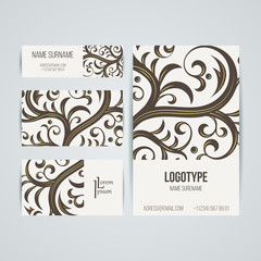 Set of vector design templates. Brochures in random colorful style. Vintage frames and backgrounds. Business card with floral ornament.