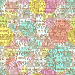 Cute seamless pattern of doodle houses.